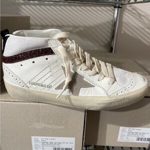 Golden Goose White and Burgundy Sneakers